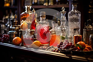 Vintage Bar Setting With Crystal Decanters, Infused Spirits, And Fresh Citrus Fruits. Generative AI photo