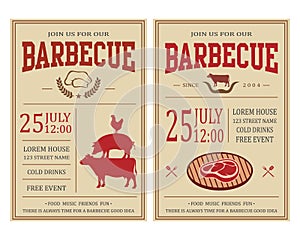 Vintage barbecue party invitation. BBQ, food flyer template.