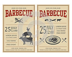 Vintage barbecue party invitation. BBQ, food flyer template.