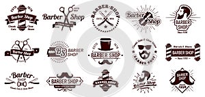 Vintage barber badges. Gentleman haircut styling, barbershop razor and shave salon. Mans hair haircuts badge vector illustration