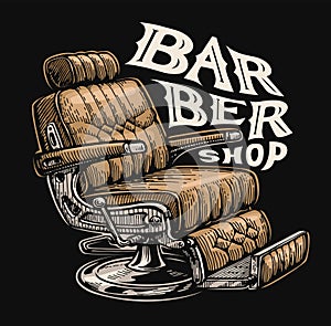 Vintage barber chair. Barbershop sign or emblem. Male beauty salon poster. Retro vector illustration