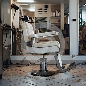 Vintage barber chair with hair clippings in salon photo