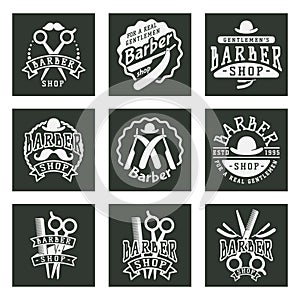 Vintage barber logo retro style typography flourishes and calligraphic barbershop objects vector illustration.