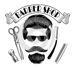 Vintage Barber shop logo. Men`s hair, mustache, beard, straight razor, comb and scissors.