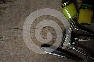 Vintage barber shop tools on wood texture background