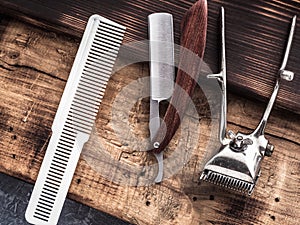 Vintage barber tools with straight razor