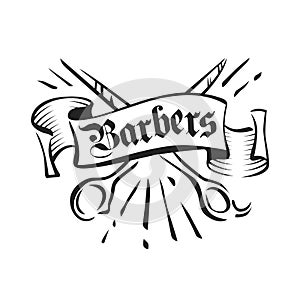 Vintage barbers vector emblem, badge, sign, sticker layout. Scissors and ribbon ink illustration