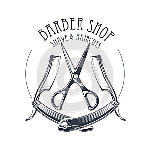 Vintage barbershop or hairdressing salon emblem, scissors and straight razor, barber shop logo