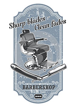 Vintage barbershop label with barber chair and razor
