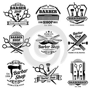 Vintage barbershop vector emblems and labels. Barber badges and logos