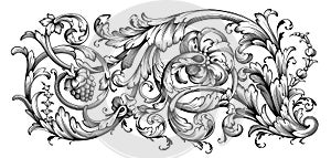 Vintage Baroque floral frame border Victorian flower ornament scroll engraved retro pattern decorative design tattoo black and whi