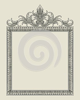 Vintage Baroque floral frame border Victorian flower ornament scroll retro pattern. Engraving vector illustration