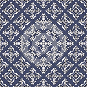 Vintage baroque ornament, damask floral seamless pattern, vector illustration. Beige oriental tracery on navy blue background,