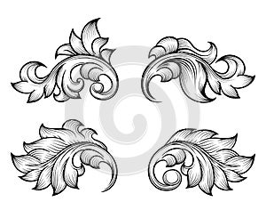 Vintage baroque scroll leaf set in engraving style photo