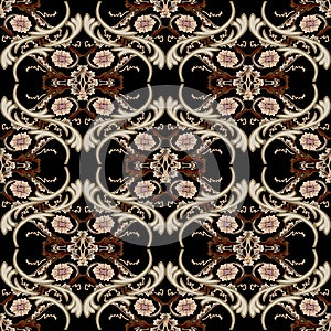 Vintage Baroque style seamless pattern. Ornamental beautiful background. Floral repeat Damask backdrop. Vintage flowers, leaves.