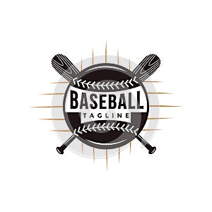 Vintage baseball logo with crossed wooden bat and ball icon vector