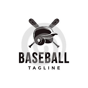 Vintage baseball logo with crossed wooden bat and helmet icon vector