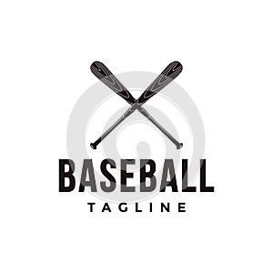 Vintage baseball logo with crossed wooden bat icon vector