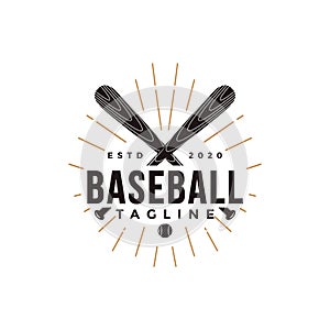 Vintage baseball logo with crossed wooden bat icon vector