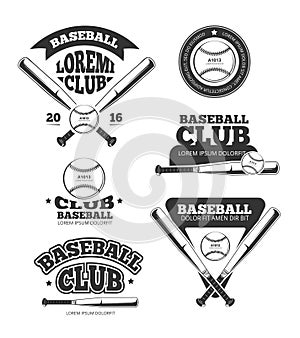 Vintage baseball sports, old vector logos and labels set with bats and softball