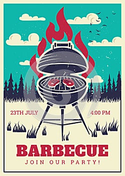 Vintage bbq grill party poster. Delicious grilled burgers, family barbecue vector invitation card