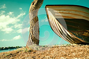 Vintage Beach Background.Boat on the beach