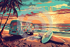 Vintage beach scene with surfboard, van and palm tree at sunset