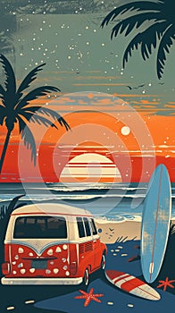 Vintage beach scene with surfboard, van and palm tree at sunset