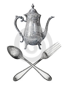 Vintage beautiful metal kettle and crossed spoon and fork isolated on white background