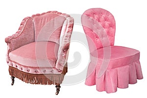 Vintage beautiful pink velor armchairs on wheels isolated on white background