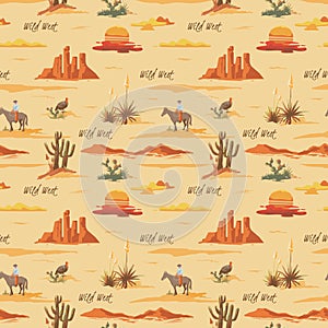 Vintage beautiful seamless desert illustration pattern. Landscape with cactus, mountains, cowboy on horse, sunset