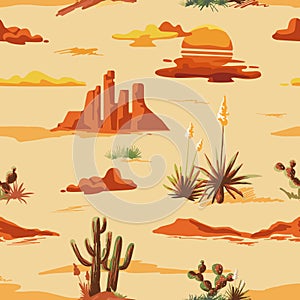 Vintage beautiful seamless desert illustration pattern. Landscape with cactus, mountains, cowboy on horse, sunset