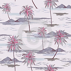 Vintage Beautiful seamless island pattern Landscape with colorful palm trees,beach and ocean vector hand drawn style