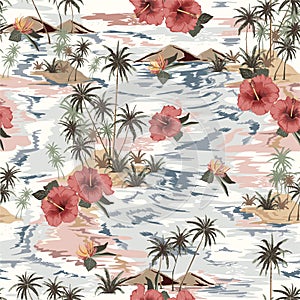 Vintage Beautiful seamless island pattern Landscape with palm treeshibicus,flowers,beach and ocean vector hand drawn style