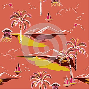 Vintage Beautiful seamless island pattern vector. Landscape with