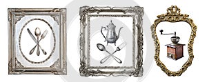 Vintage beautiful silver and golded frames and antiques with an ornament isolated on white. Retro style
