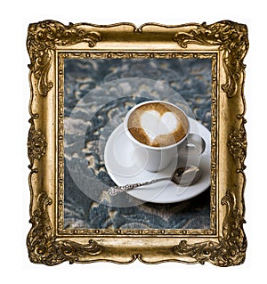 Vintage beautiful silver rectangular frame with an ornament, espresso macchiato coffee with foam heart isolated on white. Retro