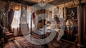 Vintage bedroom interior with dark wood furniture and patterned wallpaper