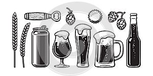 Vintage beer set. Barley, wheat, can, glass, mug, bottle, opener, hop, bottle cap. Vector illustration. Brewery, beer photo