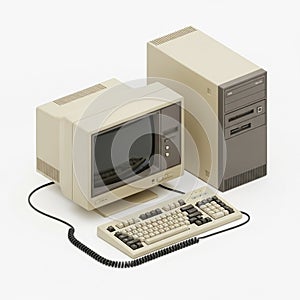 Vintage beige computer monitor keyboard and tower on a white background vintage computer