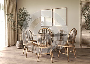 Vintage beige dining room interior with furniture. Scandinavian boho style. 3D rendering of a wall frame mockup.