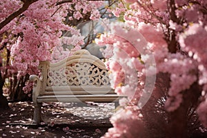 Vintage Bench Surrounded by Blossoming Cherry Trees