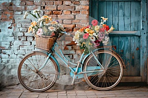 Vintage bicycle with basket of flowers in front of brick wall.