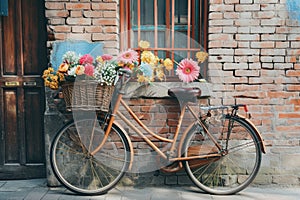 Vintage bicycle with basket of flowers in front of brick wall.