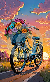 A vintage bicycle with bright flowers in a basket stands on an empty road against the backdrop