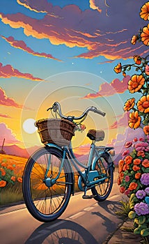 A vintage bicycle with bright flowers in a basket stands on an empty road against the backdrop