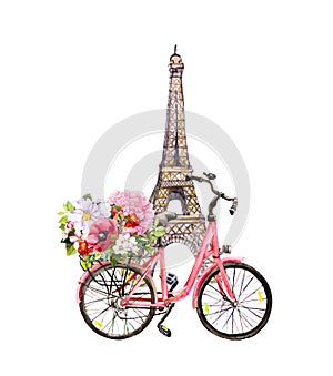 Vintage bicycle with flowers in basket and Eiffel tower in Paris. Watercolor