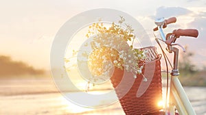 Vintage bicycle with flowers in the basket on summer sunset