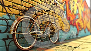 a vintage bicycle leaning casually against a vibrant brick wall adorned with colorful street art