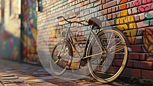 a vintage bicycle leaning casually against a vibrant brick wall adorned with colorful street art